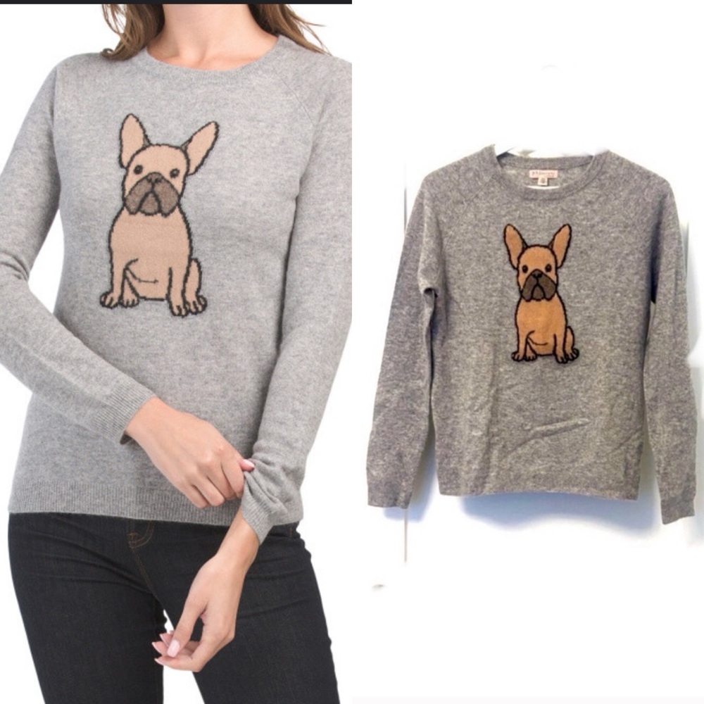 Philosophy Gray Crewneck CASHMERE Sweater with Tan FRENCH BULLDOG Motif
